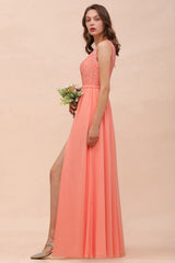 Gorgeous Long A-line One Shoulder Lace Coral Chiffon Bridesmaid Dress with Slit