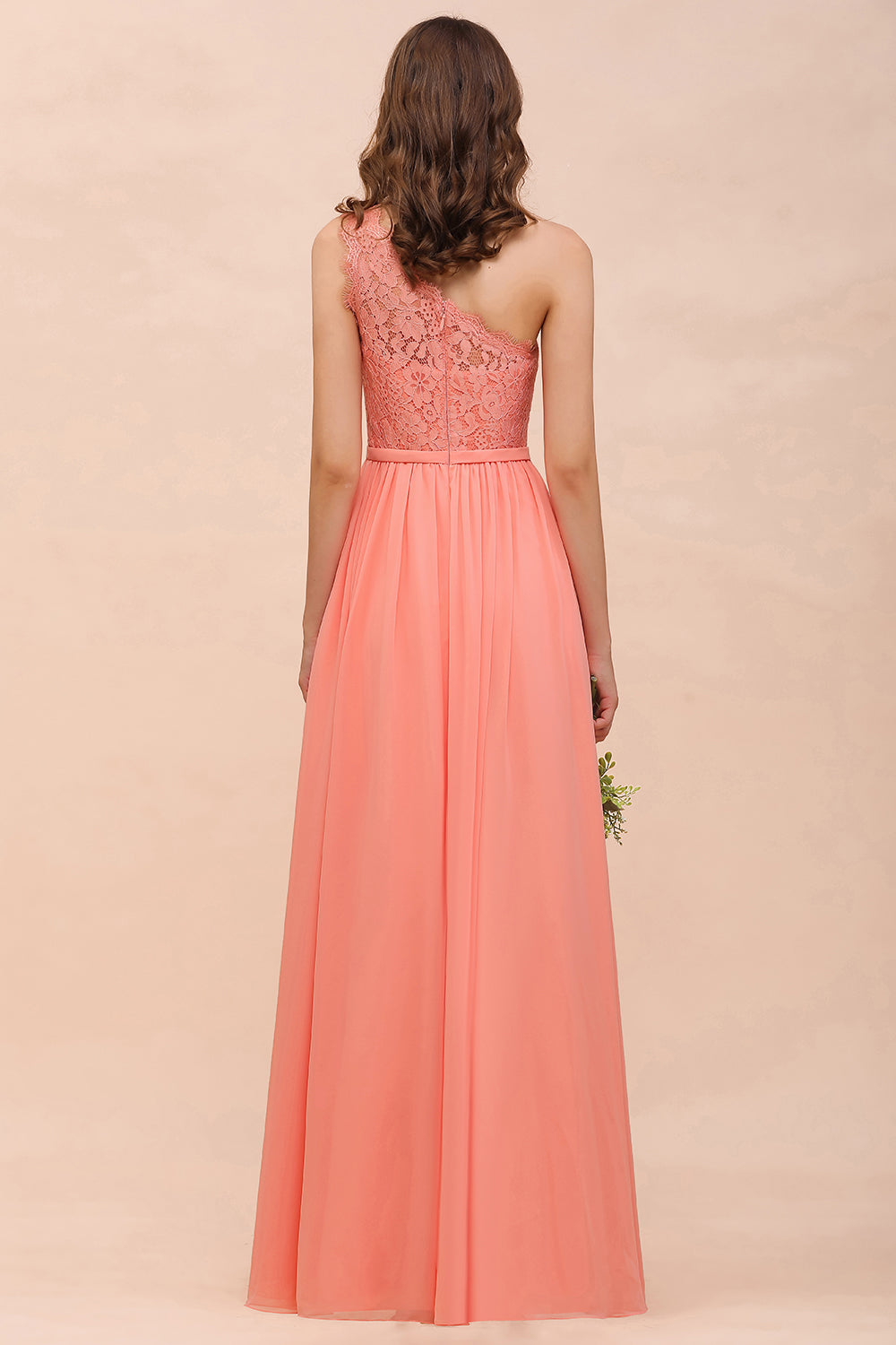 Gorgeous Long A-line One Shoulder Lace Coral Chiffon Bridesmaid Dress with Slit