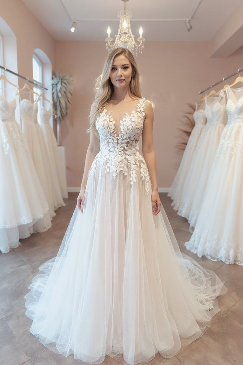 Gorgeous Long A-line V-neck Tulle Lace Open Back Wedding Dresses