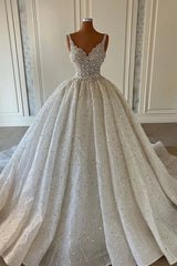 Gorgeous Long Ball Gown V-neck Sleeveless Backless Sequined Wedding Dresses