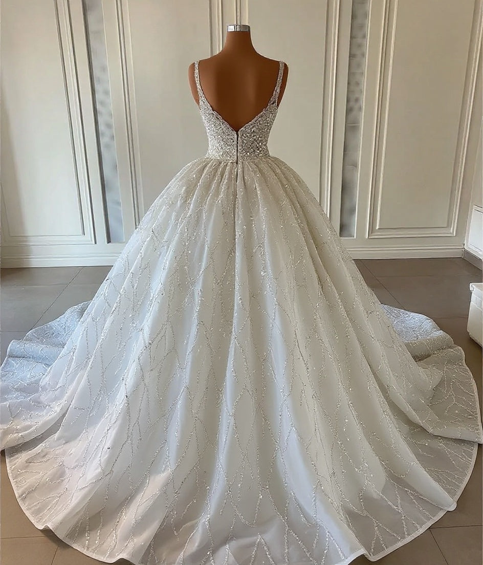 Gorgeous Long Ball Gown V-neck Sleeveless Backless Sequined Wedding Dresses