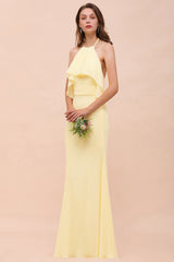 Gorgeous Long Mermaid Halter Chiffon Bakless Bridesmaid Dress with Ruffle