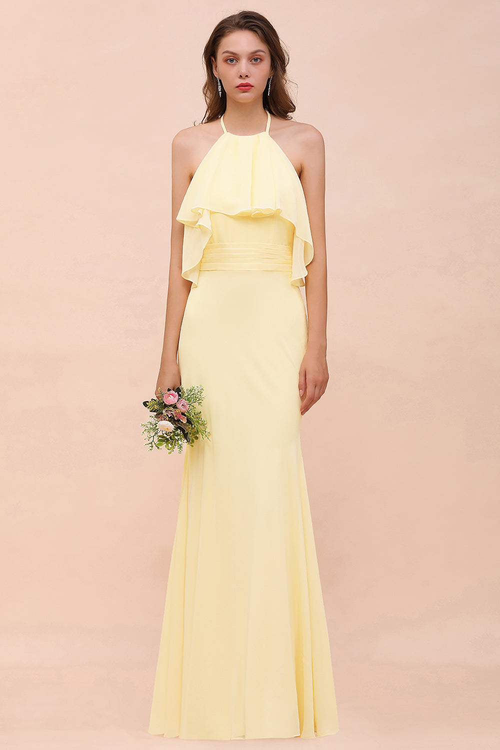 Gorgeous Long Mermaid Halter Chiffon Bakless Bridesmaid Dress with Ruffle
