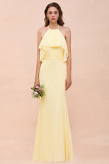 Gorgeous Long Mermaid Halter Chiffon Bakless Bridesmaid Dress with Ruffle
