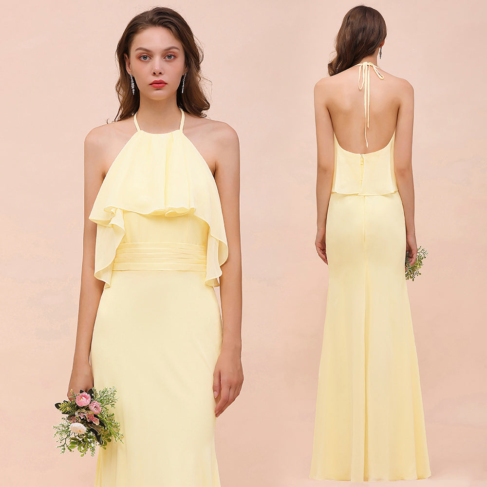 Gorgeous Long Mermaid Halter Chiffon Bakless Bridesmaid Dress with Ruffle