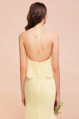 Gorgeous Long Mermaid Halter Chiffon Bakless Bridesmaid Dress with Ruffle