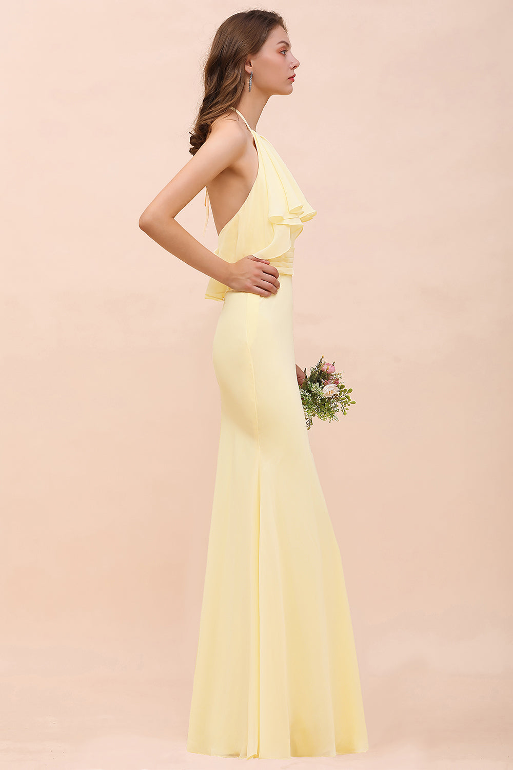 Gorgeous Long Mermaid Halter Chiffon Bakless Bridesmaid Dress with Ruffle