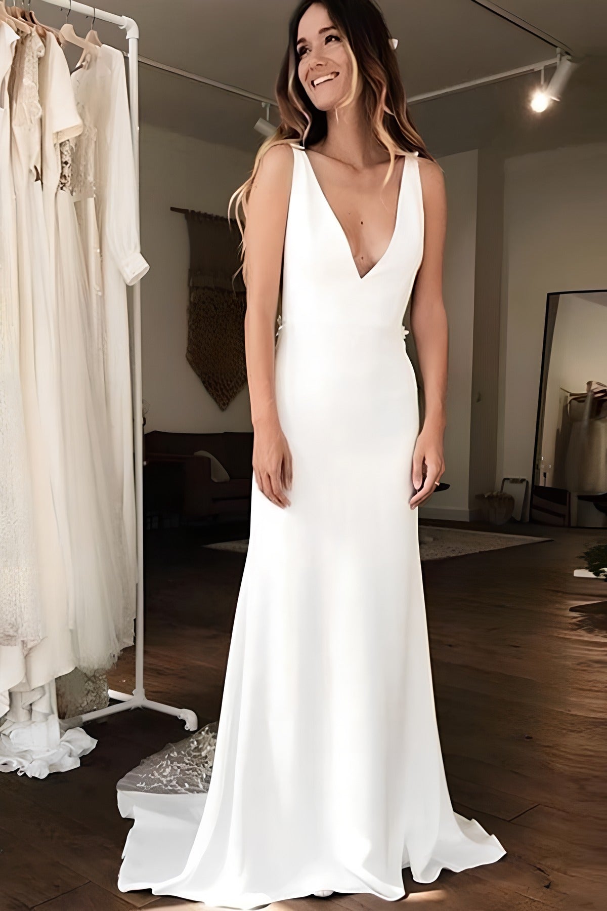 Gorgeous Long V-neck Lace Backless Mermaid Wedding Dresses