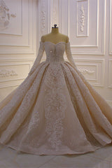 Gorgeous Off the Shoulder Long Sleeve Appliques Lace Ball Gown Wedding Dress