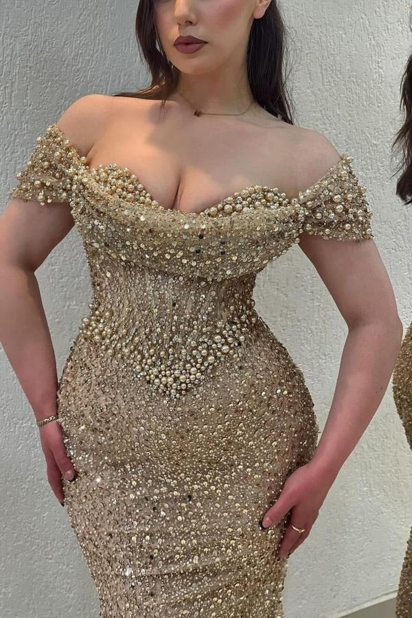 Long Mermaid Off the Shoulder Sequins Tulle Beaded Formal Evening Dresses