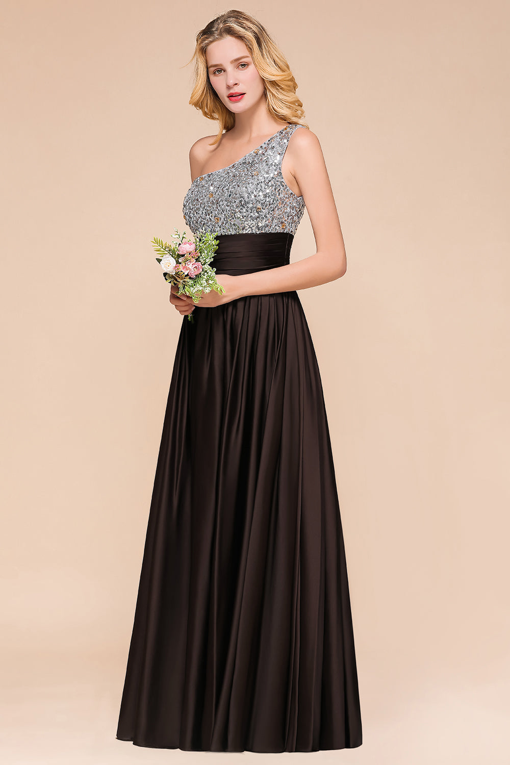 Gorgeous One Shoulder A-line Ruched Chiffon Bridesmaid Dress With Sequins