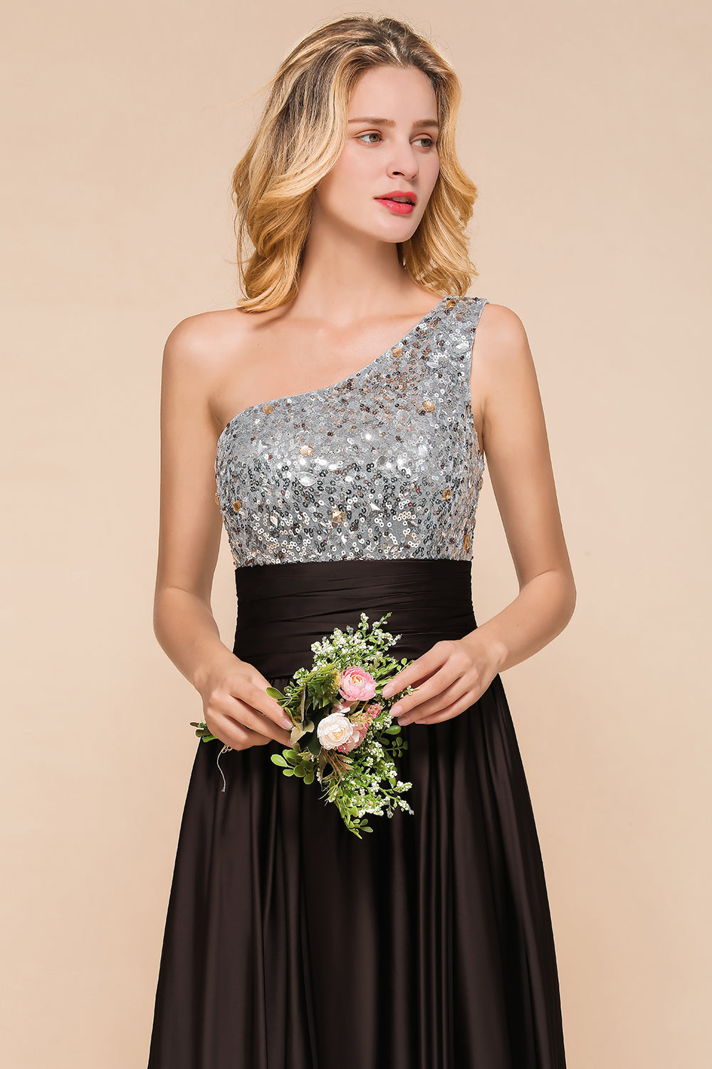 Gorgeous One Shoulder A-line Ruched Chiffon Bridesmaid Dress With Sequins