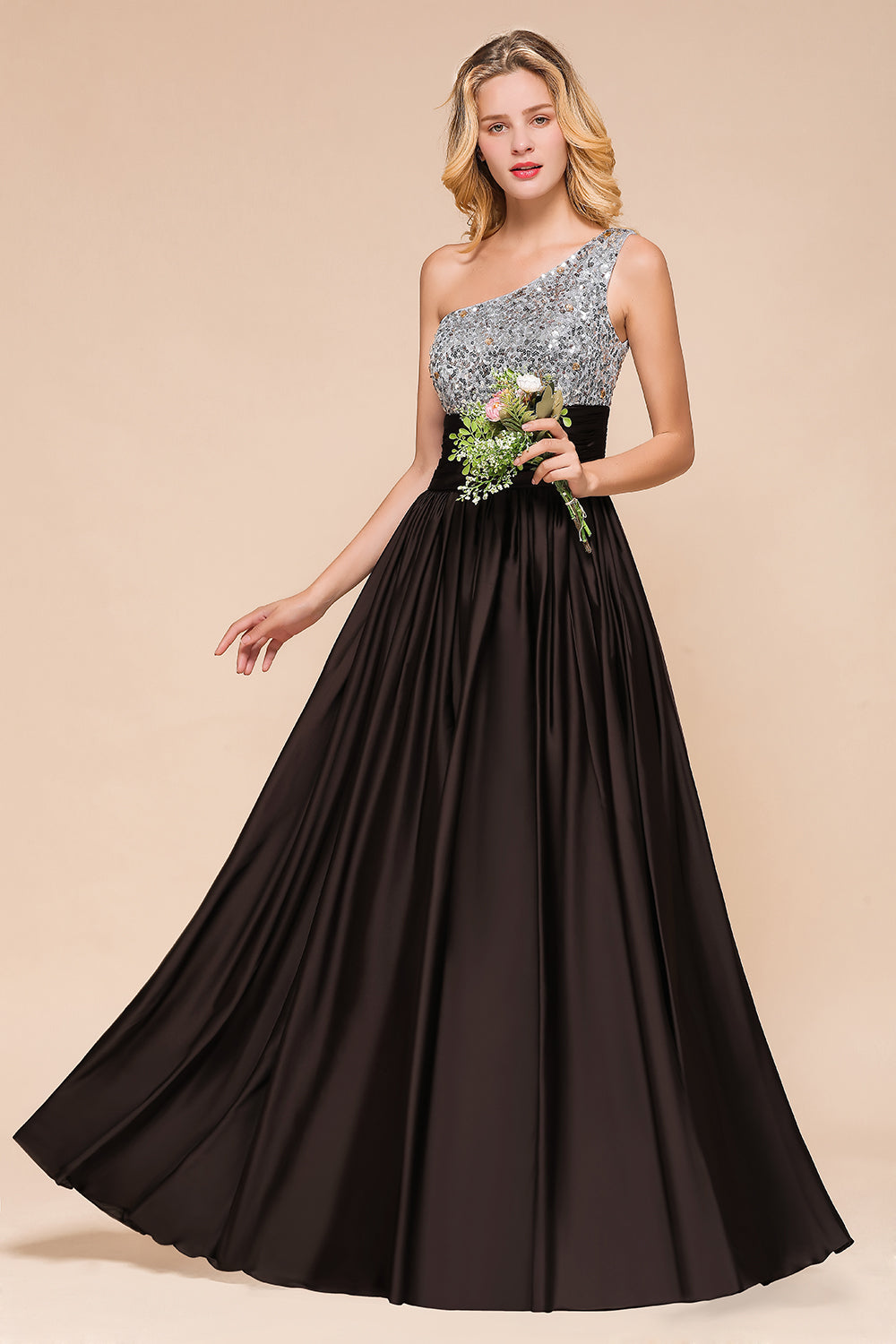 Gorgeous Long One Shoulder A-line Chiffon Evening Dress With Sequins