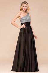 Gorgeous Long One Shoulder A-line Chiffon Evening Dress With Sequins