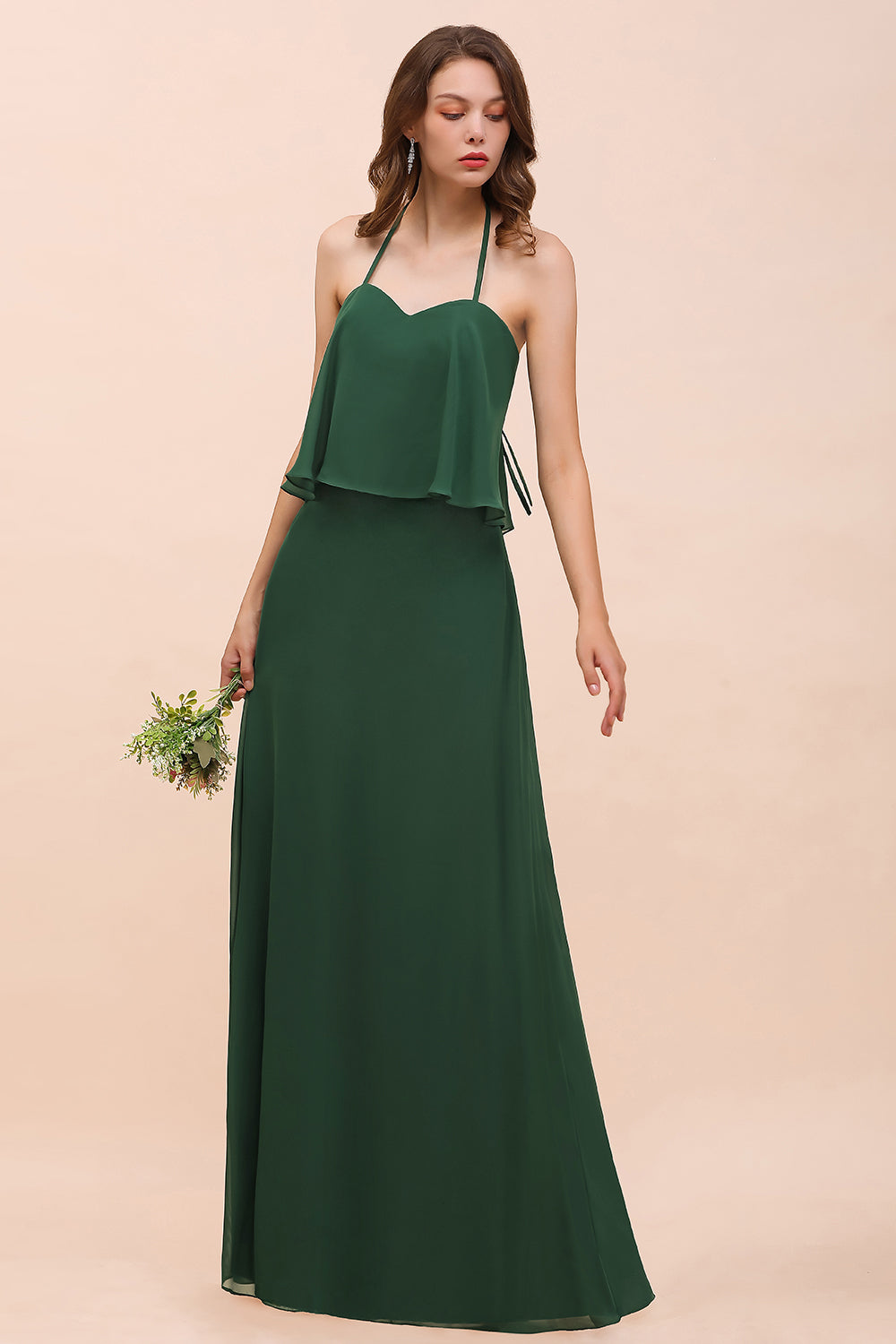 Dark Green Chiffon Spaghetti Straps Bridesmaid Dress Casual A-Line Party Dress