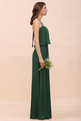 Dark Green Chiffon Spaghetti Straps Bridesmaid Dress Casual A-Line Party Dress