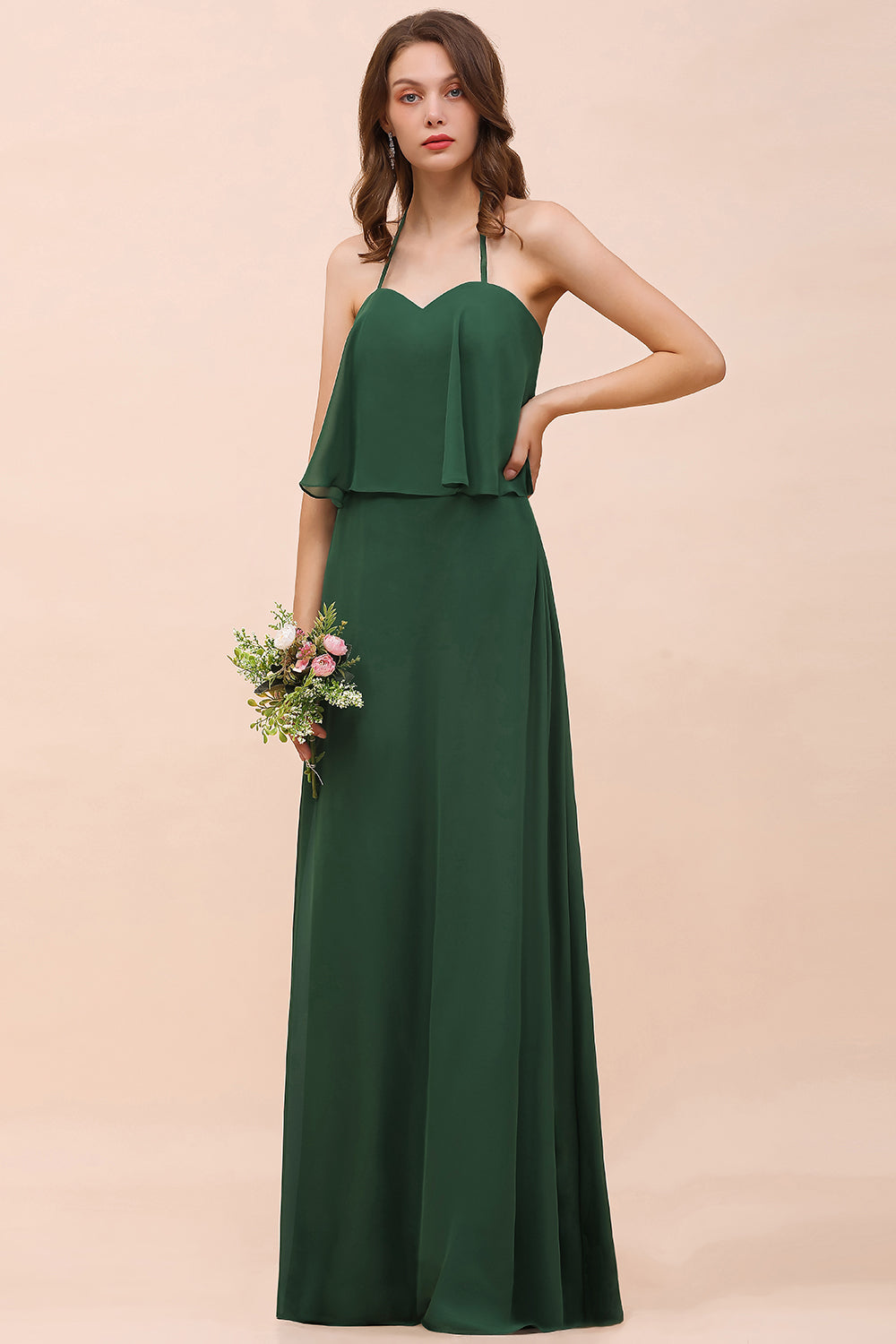 Dark Green Chiffon Spaghetti Straps Bridesmaid Dress Casual A-Line Party Dress