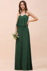 Dark Green Chiffon Spaghetti Straps Bridesmaid Dress Casual A-Line Party Dress