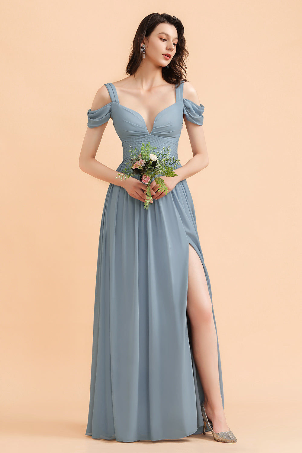 Grey Blue Chiffon Off the Shoulder Sweetheart Long Bridesmaid Dress With Side Slit