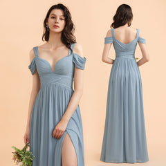 Grey Blue Chiffon Off the Shoulder Sweetheart Long Bridesmaid Dress With Side Slit