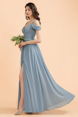 Grey Blue Chiffon Off the Shoulder Sweetheart Long Bridesmaid Dress With Side Slit