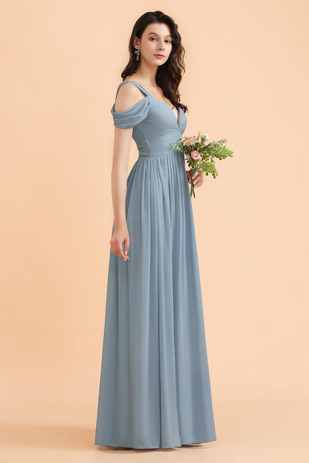 Grey Blue Chiffon Off the Shoulder Sweetheart Long Bridesmaid Dress With Side Slit