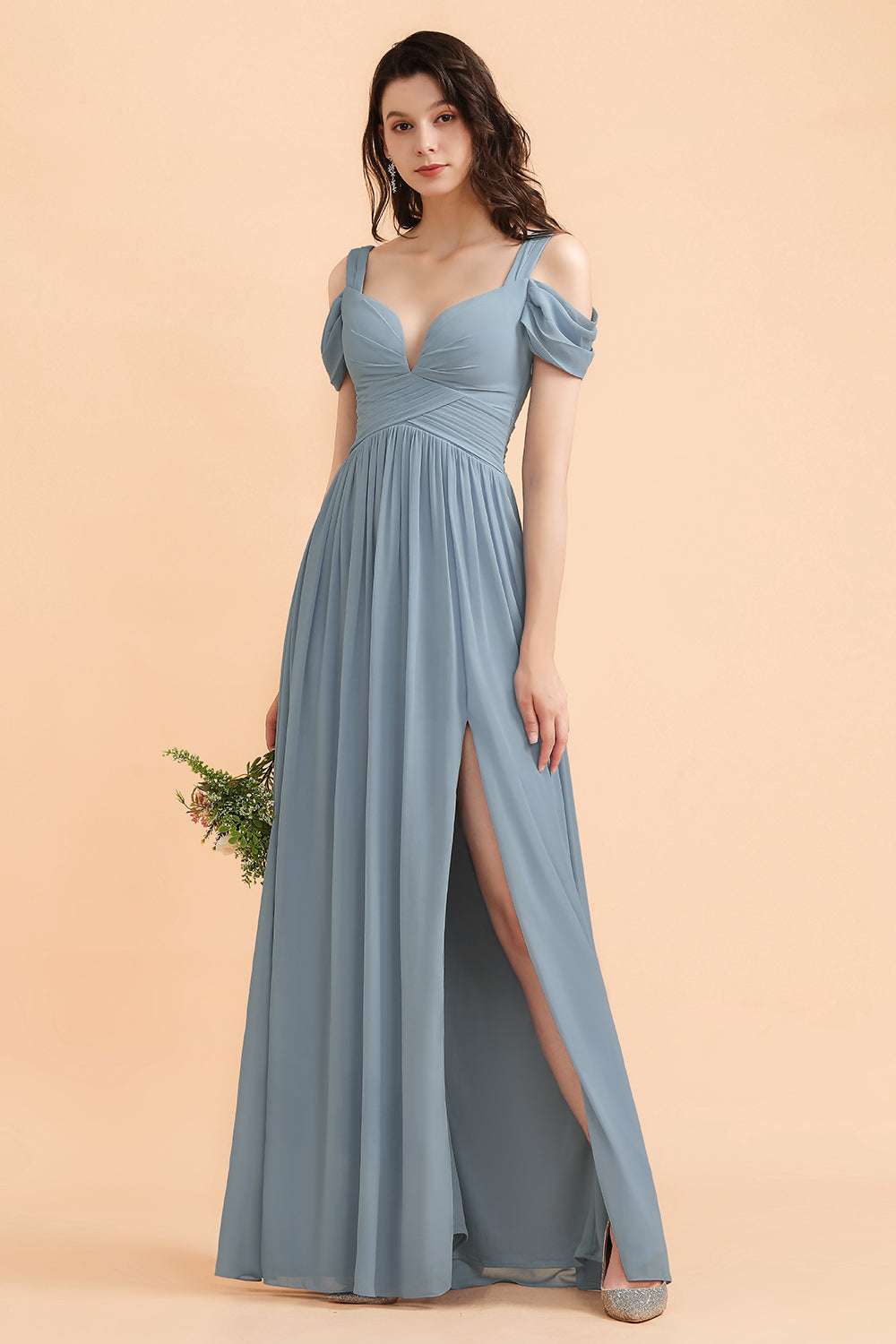Grey Blue Chiffon Off the Shoulder Sweetheart Long Bridesmaid Dress With Side Slit