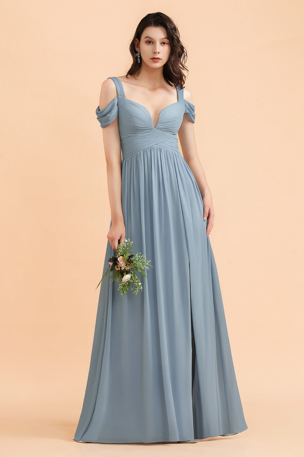 Grey Blue Chiffon Off the Shoulder Sweetheart Long Bridesmaid Dress With Side Slit