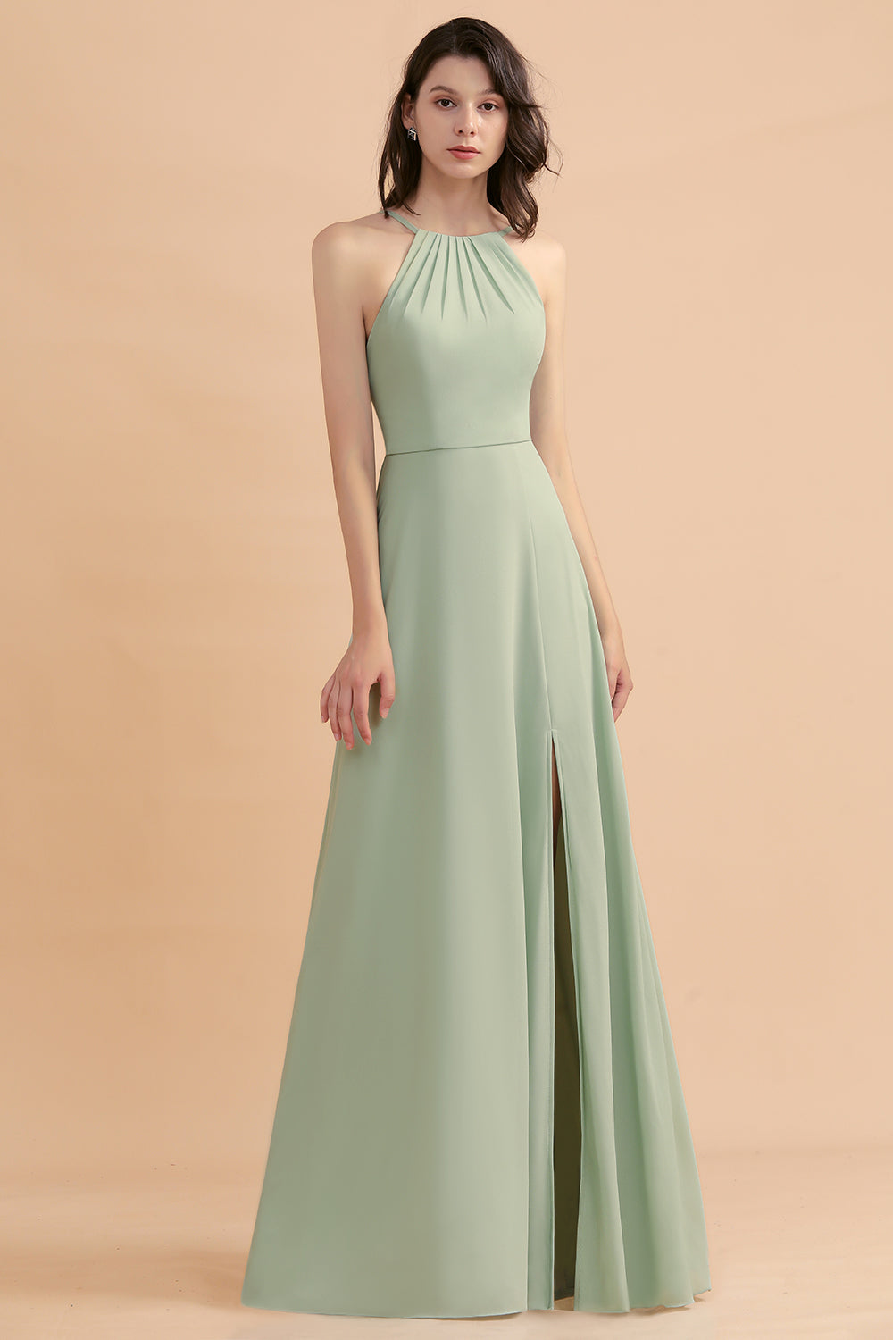 Long Halter A-Line Backless Wedding Guest Dress With Side Slit