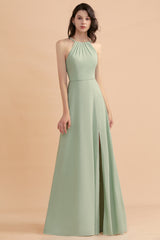 Halter A-Line Wedding Guest Dress Backless Long Bridesmaid Dress With Side Slit