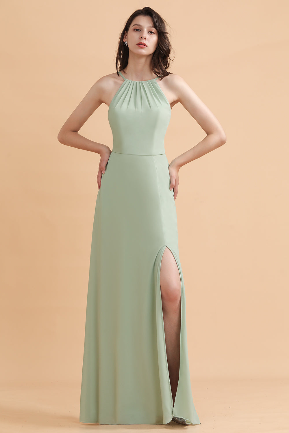 Halter A-Line Wedding Guest Dress Backless Long Bridesmaid Dress With Side Slit