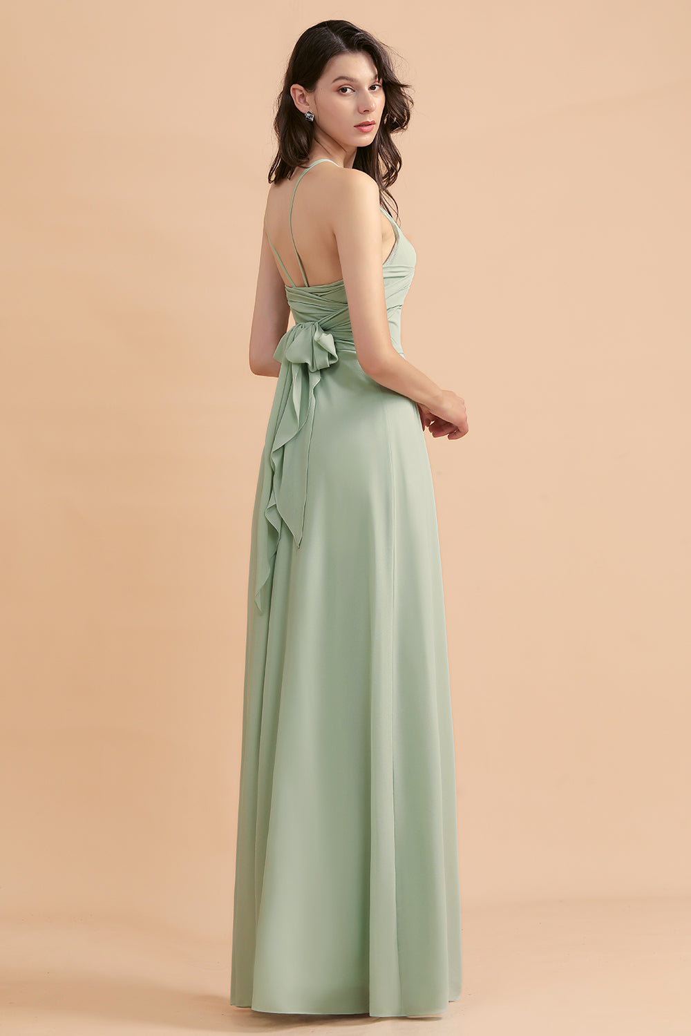 Long Halter A-Line Backless Wedding Guest Dress With Side Slit