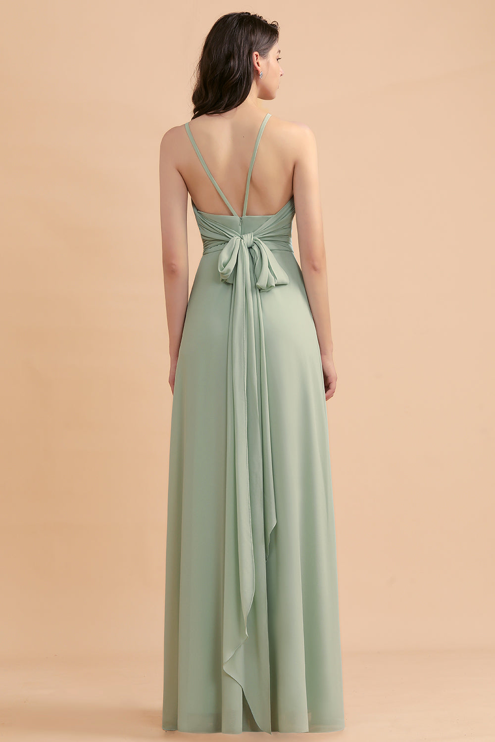 Halter A-Line Wedding Guest Dress Backless Long Bridesmaid Dress With Side Slit