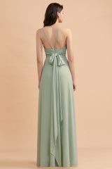 Halter A-Line Wedding Guest Dress Backless Long Bridesmaid Dress With Side Slit