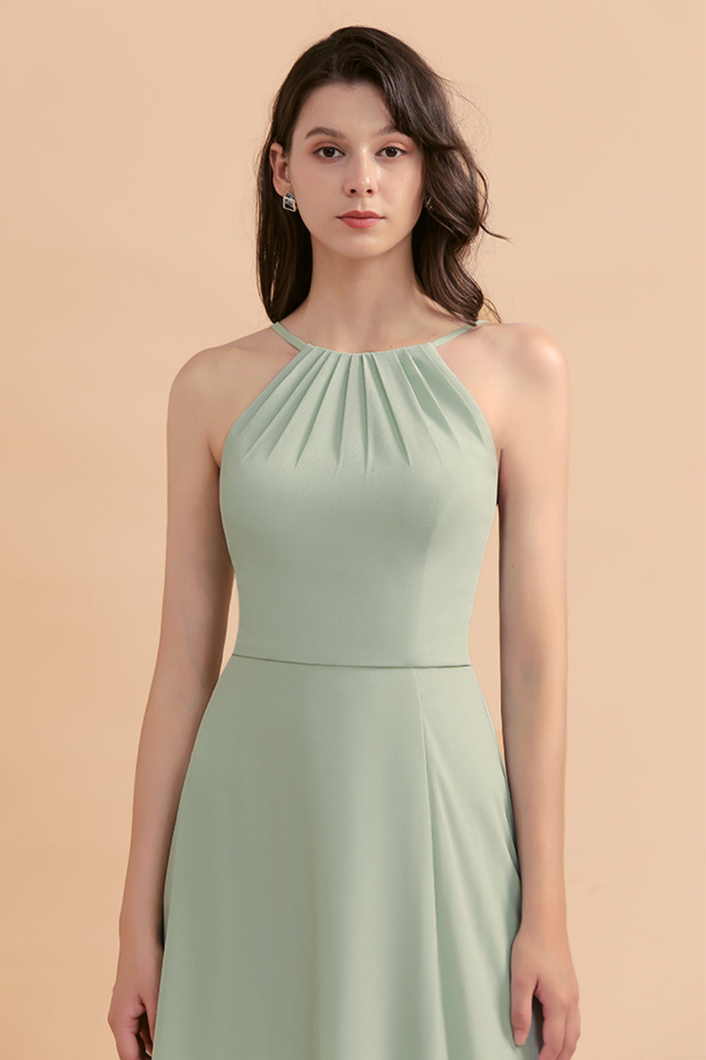 Long Halter A-Line Backless Wedding Guest Dress With Side Slit