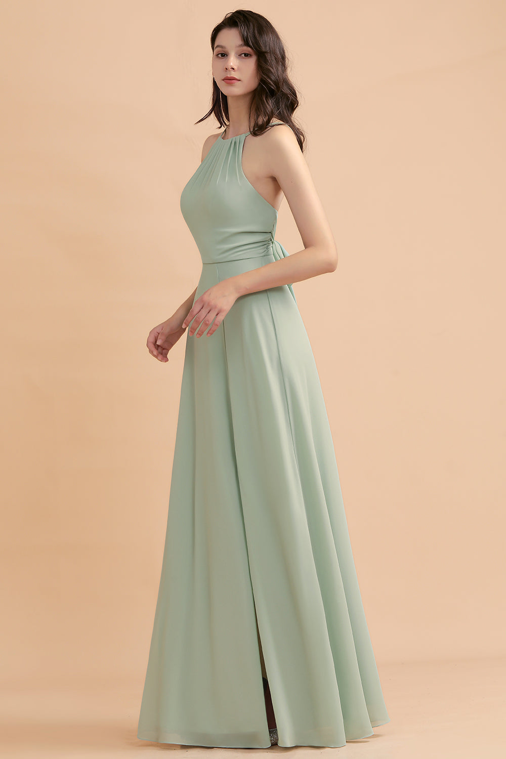 Long Halter A-Line Backless Wedding Guest Dress With Side Slit