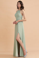 Halter A-Line Wedding Guest Dress Backless Long Bridesmaid Dress With Side Slit