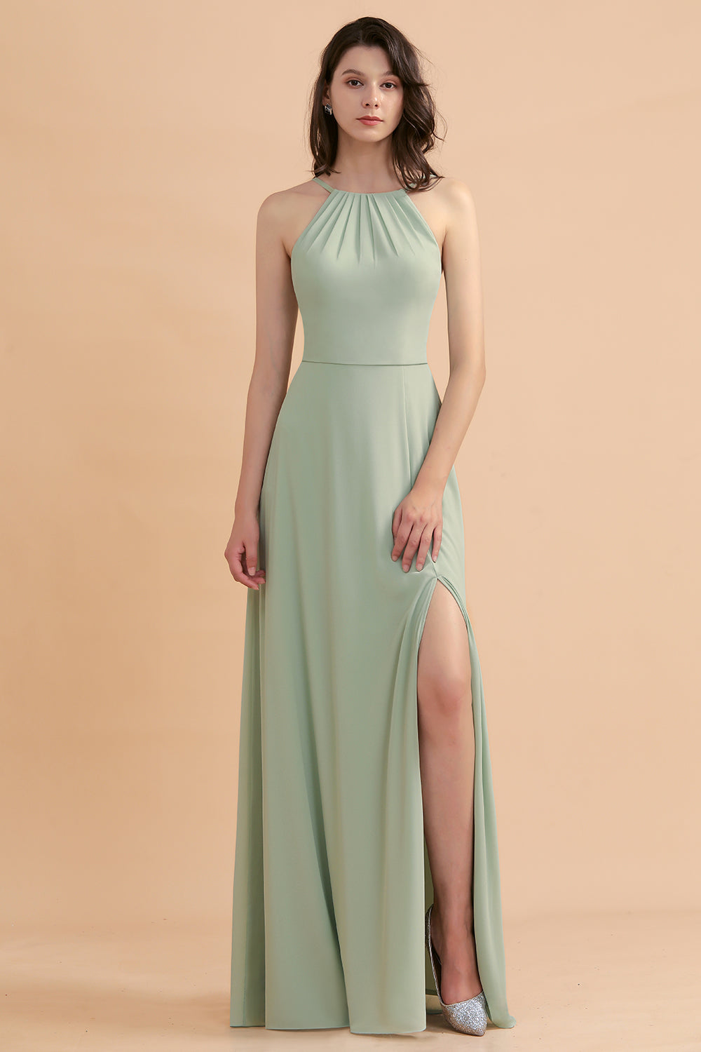 Long Halter A-Line Backless Wedding Guest Dress With Side Slit