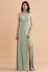 Long Halter A-Line Backless Wedding Guest Dress With Side Slit