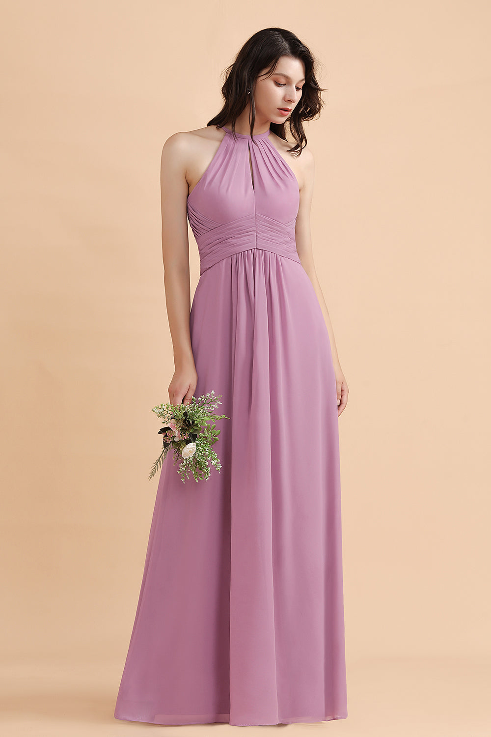Halter Chiffon A-Line Garden Wedding Party Dress Floor Length Bridesmaid Dress