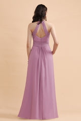 Halter Chiffon A-Line Garden Wedding Party Dress Floor Length Bridesmaid Dress