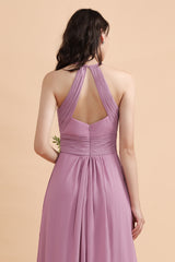 Halter Chiffon A-Line Garden Wedding Party Dress Floor Length Bridesmaid Dress