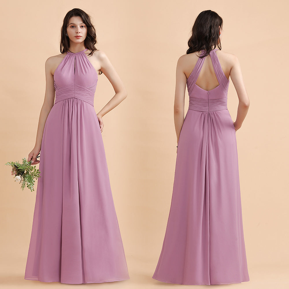 Halter Chiffon A-Line Garden Wedding Party Dress Floor Length Bridesmaid Dress