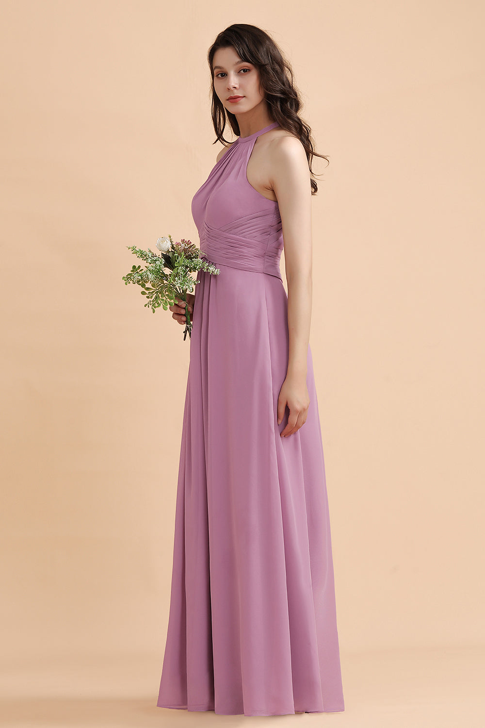 Halter Chiffon A-Line Garden Wedding Party Dress Floor Length Bridesmaid Dress
