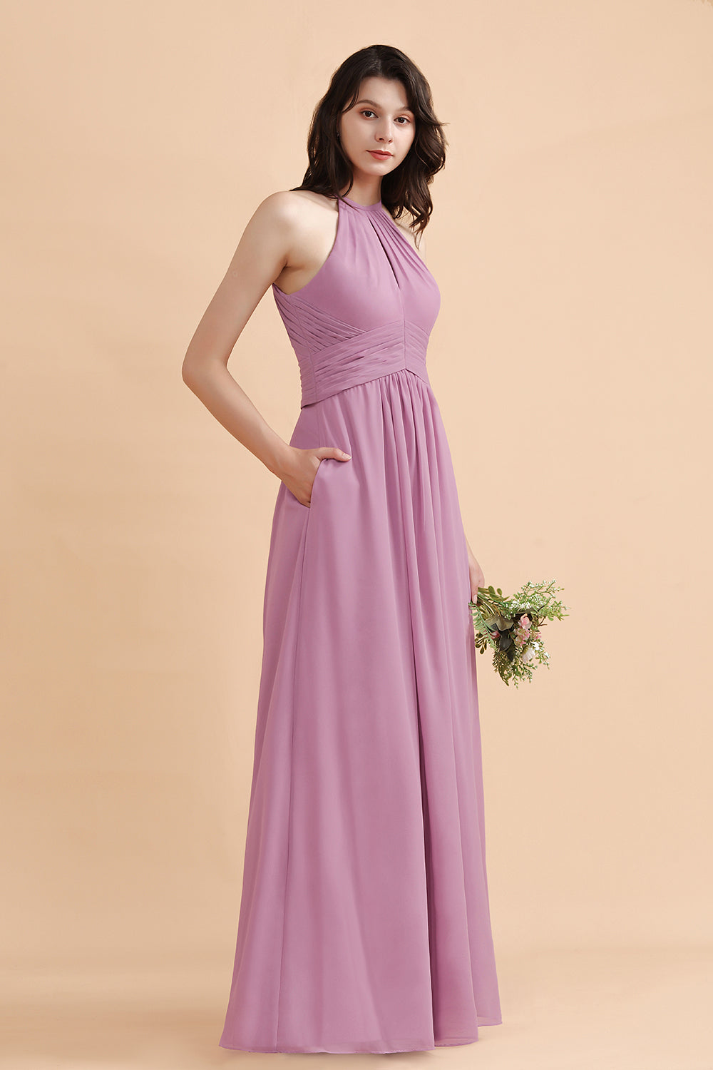 Halter Chiffon A-Line Garden Wedding Party Dress Floor Length Bridesmaid Dress