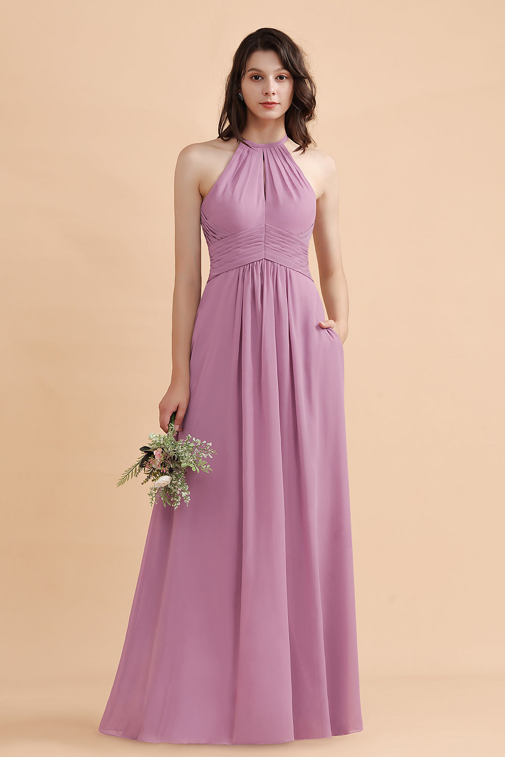 Halter Chiffon A-Line Garden Wedding Party Dress Floor Length Bridesmaid Dress