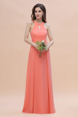 Halter Chiffon Floor Length Wedding Guest Dress A-Line Keyhole Bridesmaid Dress