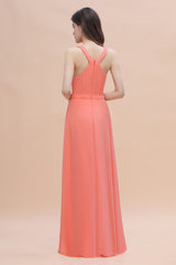 Halter Chiffon Floor Length Wedding Guest Dress A-Line Keyhole Bridesmaid Dress