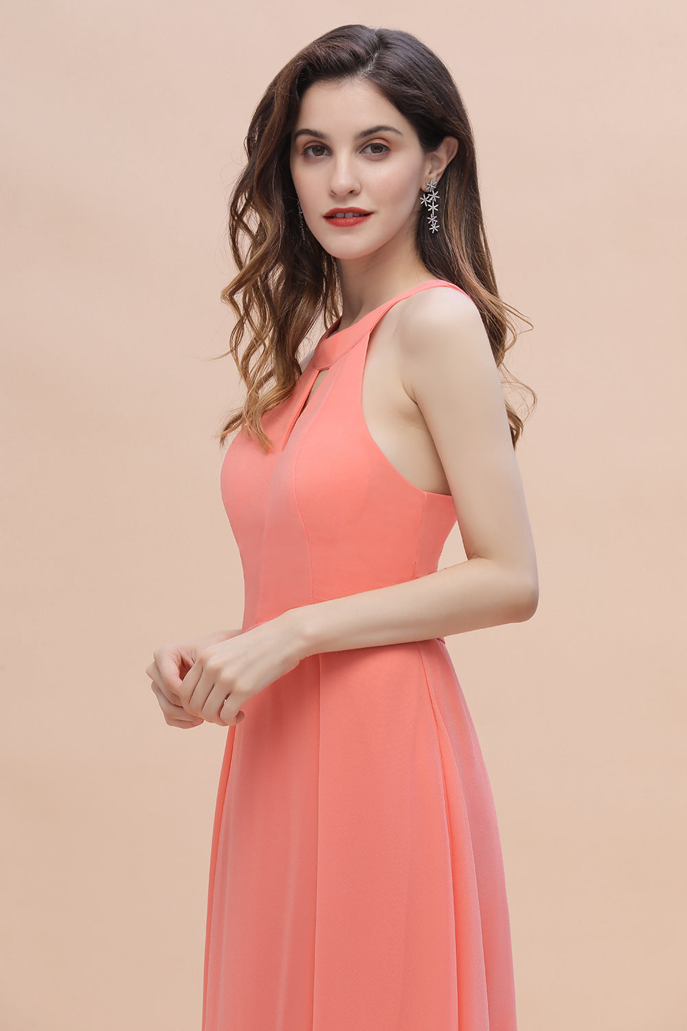 Halter Chiffon Floor Length Wedding Guest Dress A-Line Keyhole Bridesmaid Dress