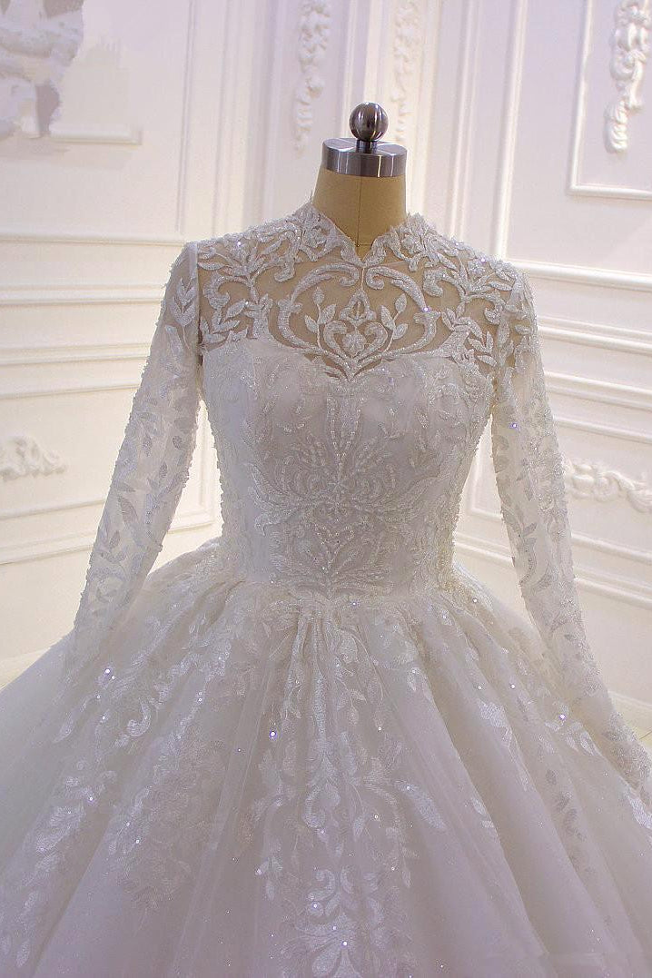 Long High Neck Appliques Lace Ball Gown Ruffles Wedding Dress with Long Sleeve